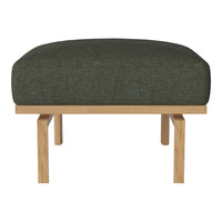 Green upholstered ottoman with a textured fabric and natural wood legs, perfect for modern decor.