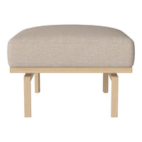 Beige upholstered ottoman with a textured pattern and light wooden legs, offering a modern, minimalist look.