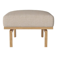 Beige upholstered ottoman with a textured finish and natural wood legs. Perfect for modern, minimalist decor.