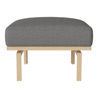 Gray upholstered ottoman with a clean, minimalist design and light wooden legs. Ideal for modern interiors.