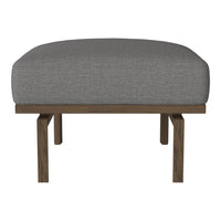 Gray upholstered ottoman with a textured pattern and dark wood legs. Versatile and stylish for any decor.