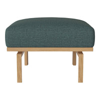 Teal upholstered ottoman with a textured pattern and natural wood legs. Ideal for modern living spaces.