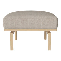 Beige upholstered ottoman with subtle textured fabric and natural wood legs. Ideal for modern living spaces.