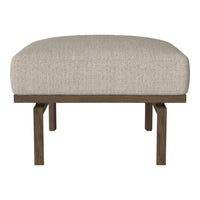 Light beige upholstered ottoman with a textured fabric, supported by dark wooden legs.