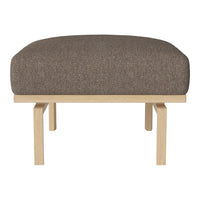 Brown upholstered ottoman with a smooth, rounded cushion and light wooden base. Perfect for modern decor.