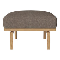 Brown upholstered ottoman with a smooth texture and natural wooden legs. Minimalist design for modern decor.