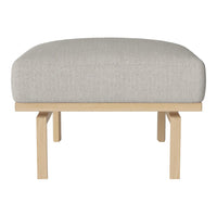 Light gray upholstered ottoman with a simple design, featuring a natural wood base for a modern touch.