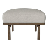 Light gray upholstered ottoman with a smooth texture and dark wood legs, offering a minimalist, modern design.