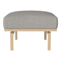Gray upholstered ottoman with a minimalist wooden base, featuring a smooth, solid color pattern.