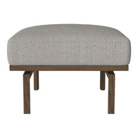 Light gray upholstered ottoman with a textured pattern and dark wood legs. Perfect for modern decor.
