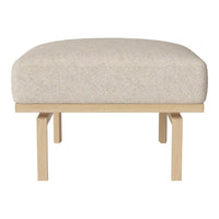 Light beige upholstered ottoman with a smooth, textured surface and natural wood legs, showcasing a minimalist design.