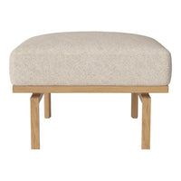 Neutral beige upholstered ottoman with clean lines and natural wood legs, ideal for modern decor.
