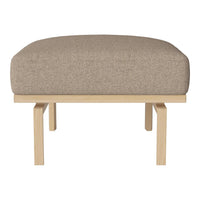 Light beige upholstered ottoman with a smooth texture and natural wooden legs.