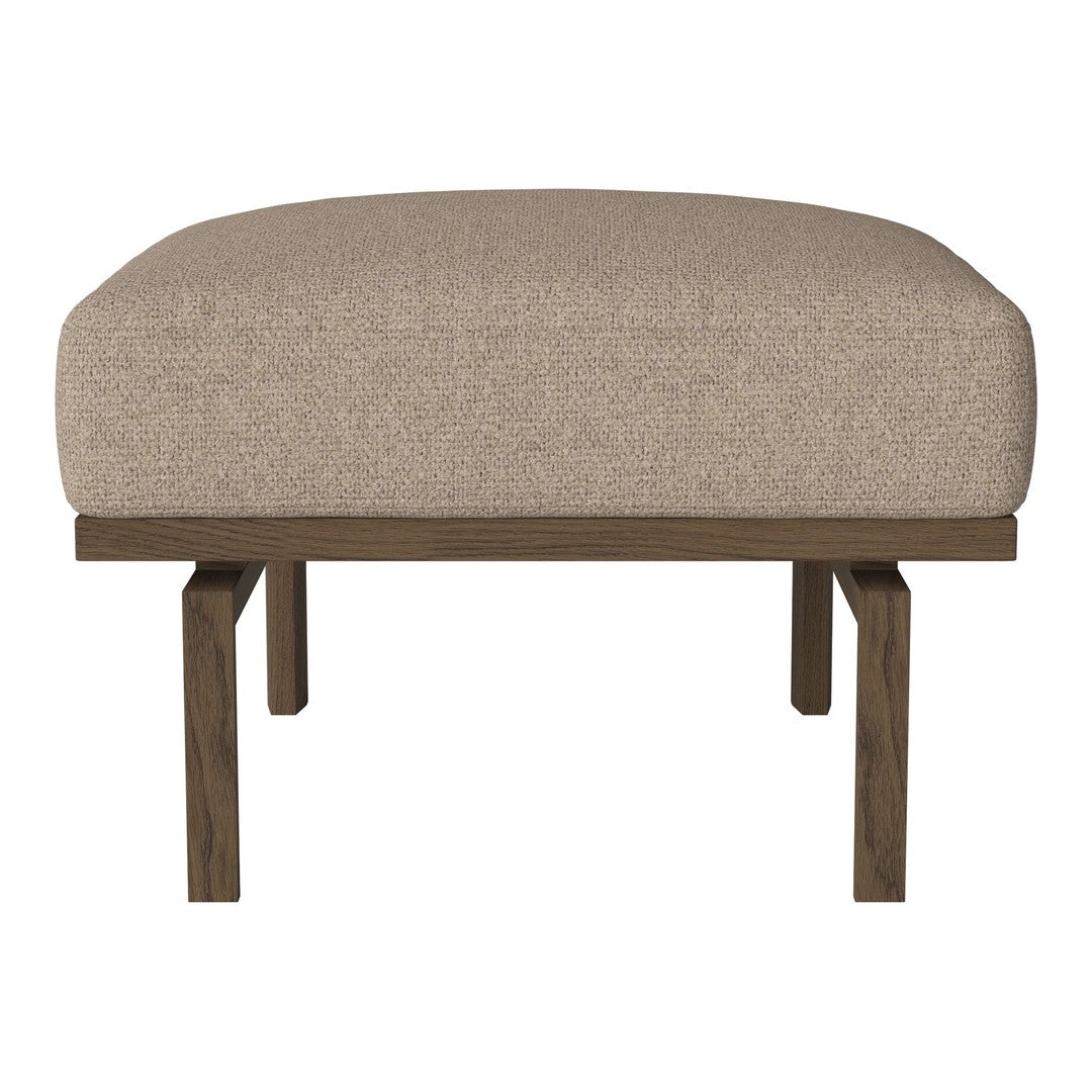 Beige upholstered ottoman with a smooth fabric surface and a dark wood frame, featuring a minimalist design.