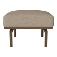 Beige upholstered ottoman with a smooth fabric surface and a dark wood frame, featuring a minimalist design.