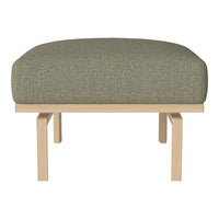 "Olive green upholstered ottoman with a textured pattern and natural wood legs."