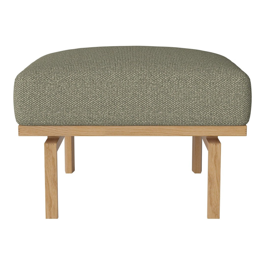 Green textured upholstery ottoman with wooden legs, featuring a simple, contemporary design.
