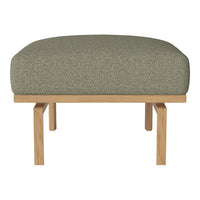 Green textured upholstery ottoman with wooden legs, featuring a simple, contemporary design.