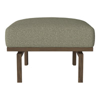Neutral green upholstered ottoman with a textured finish and a solid wood base. Perfect for modern decor.