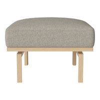 Light gray upholstered ottoman with a simple wood frame, featuring a smooth, minimalist design. Perfect for any decor.