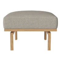 Gray upholstered ottoman with a minimalist design and natural wood legs. Soft texture, simple and modern style.