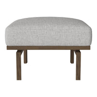 Light gray fabric ottoman with a simple, clean design and dark wood legs, perfect for modern decor.