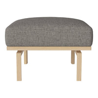 Gray fabric ottoman with a smooth texture and light wood legs. Modern design for versatile home decor.