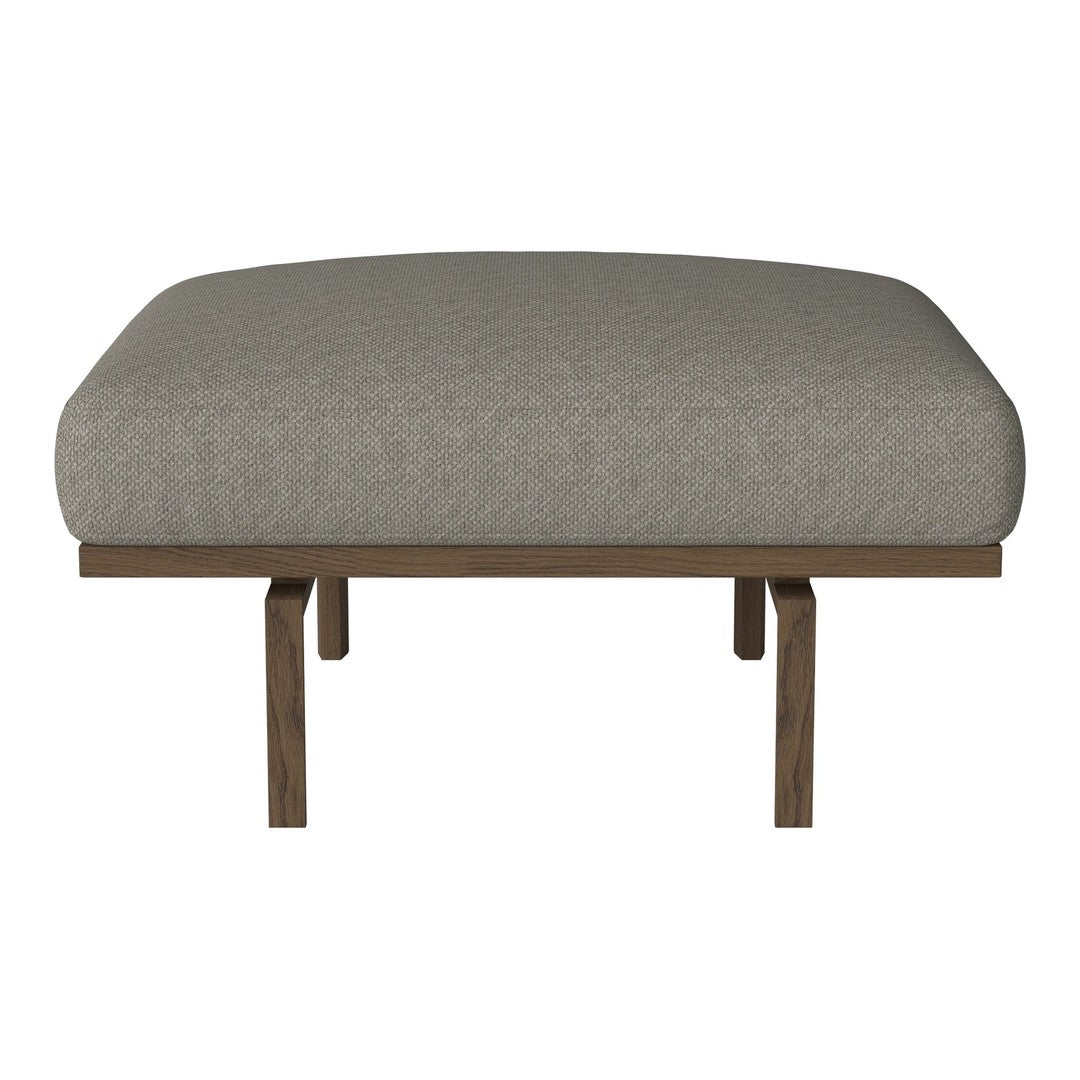Gray upholstered ottoman with subtle texture, featuring a wooden frame and minimalistic design.