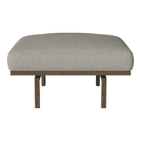 Light gray upholstered ottoman with a smooth texture and wooden legs, perfect for modern decor.