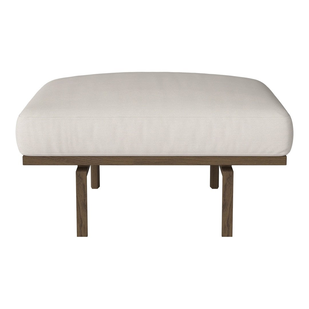 Beige cushioned bench with smooth fabric upholstery and a simple wooden frame. Elegant and minimalist design.