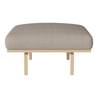 Beige cushioned seat with a smooth texture, paired with a light wooden frame. Simple and modern design.