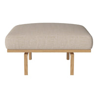 Beige upholstered ottoman with a smooth texture on wooden legs. Minimalist design, perfect for modern interiors.