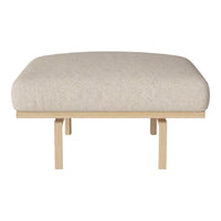 Beige upholstered ottoman with a smooth, simple texture and light wooden legs. Perfect for modern decor.