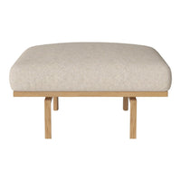 Beige upholstered ottoman with a smooth surface and light wood legs, ideal for modern decor.