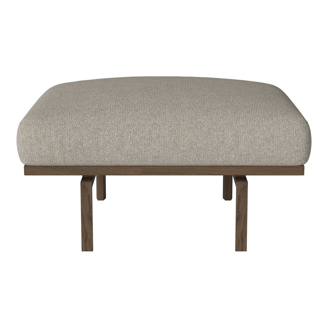 Beige upholstered cushion with a textured fabric pattern, fitted on a simple brown wooden base.