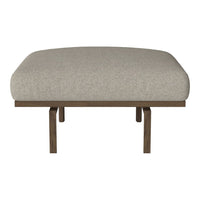Beige upholstered cushion with a textured fabric pattern, fitted on a simple brown wooden base.