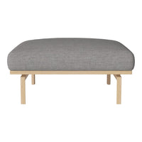 Gray upholstered cushion with a subtle textured pattern on a wooden frame. Modern and minimalist design.