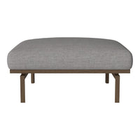 Gray upholstered ottoman with subtle texture and sleek brown metal legs. Perfect for modern decor.