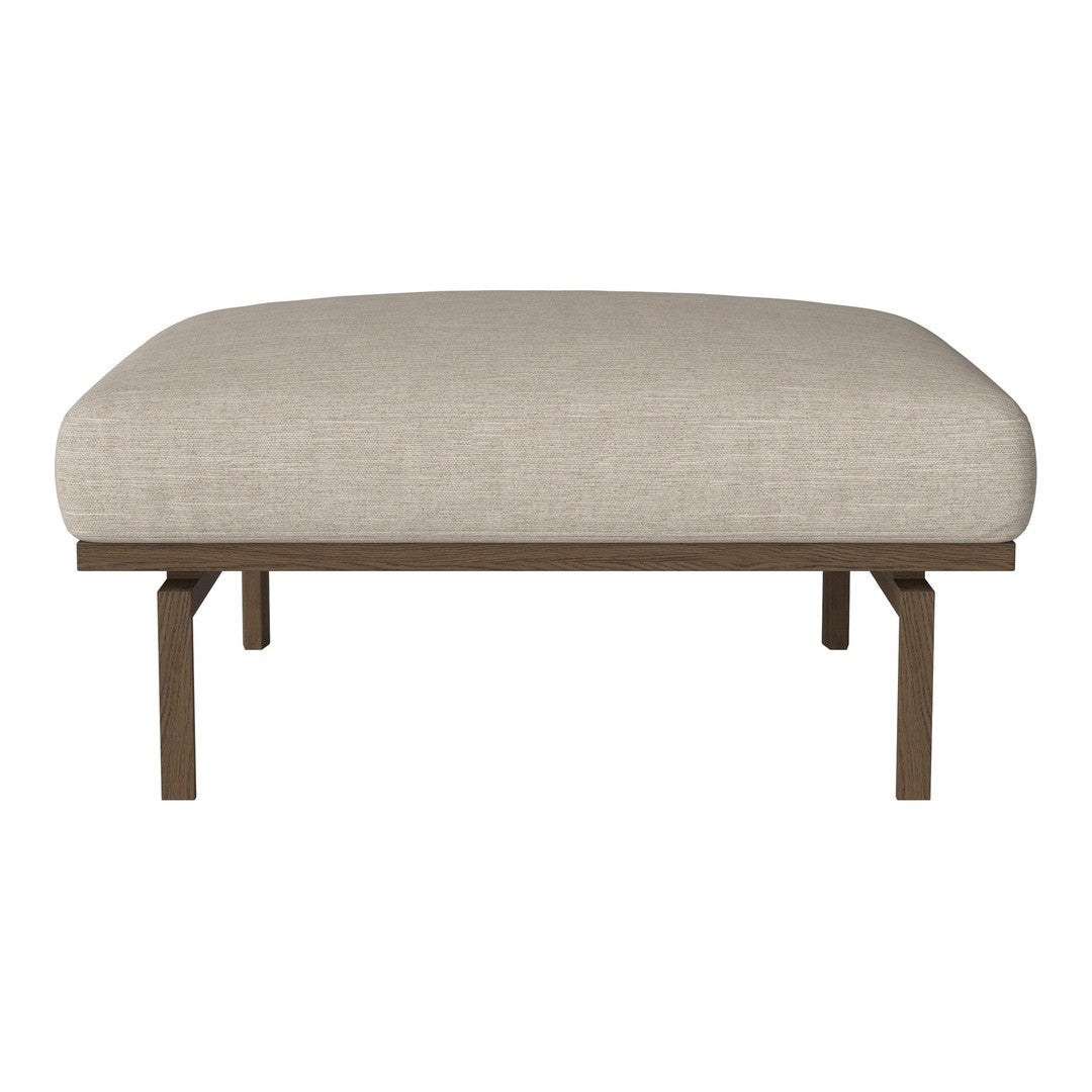 Beige upholstered ottoman with a smooth, textured finish and a sleek brown metal frame. Ideal for modern decor.