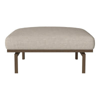 Beige upholstered ottoman with a smooth, textured finish and a sleek brown metal frame. Ideal for modern decor.