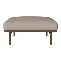 Beige upholstered ottoman with a smooth fabric surface and sleek wooden legs. Minimalistic design with modern appeal.