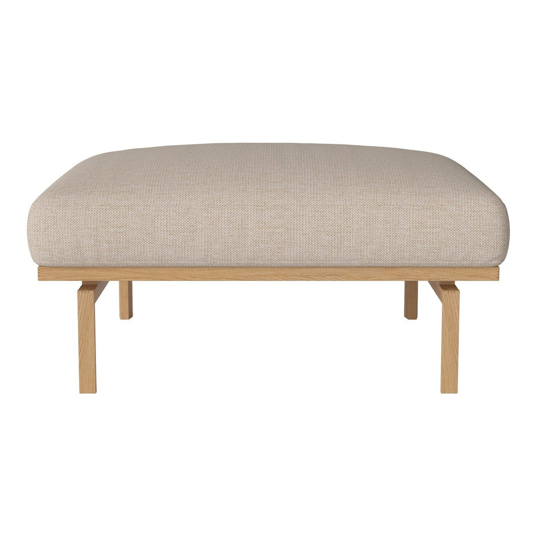 Beige textured upholstery on a minimalist wooden frame, showcasing a soft, neutral color palette.