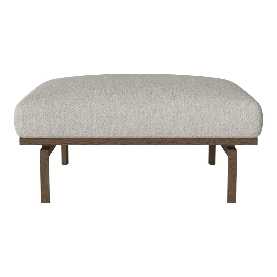 Light gray upholstered ottoman with a subtle textured pattern and a sleek brown metal frame.