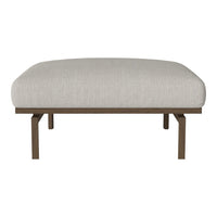Light gray upholstered ottoman with a subtle textured pattern and a sleek brown metal frame.