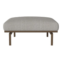 Light gray upholstered ottoman with textured fabric and a sleek wooden base. Perfect for modern decor.