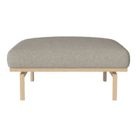 Light gray upholstered ottoman with a smooth, textured finish on a natural wood frame.