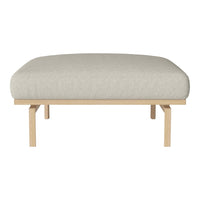 Light beige upholstered ottoman with a smooth, rounded top and natural wood legs, offering a minimalist design.