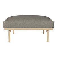 Gray upholstered ottoman with a smooth, rounded top and natural wooden legs. Minimalist design for a modern look.