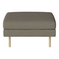 Gray upholstered ottoman with a textured pattern and natural wooden legs, perfect for modern living spaces.
