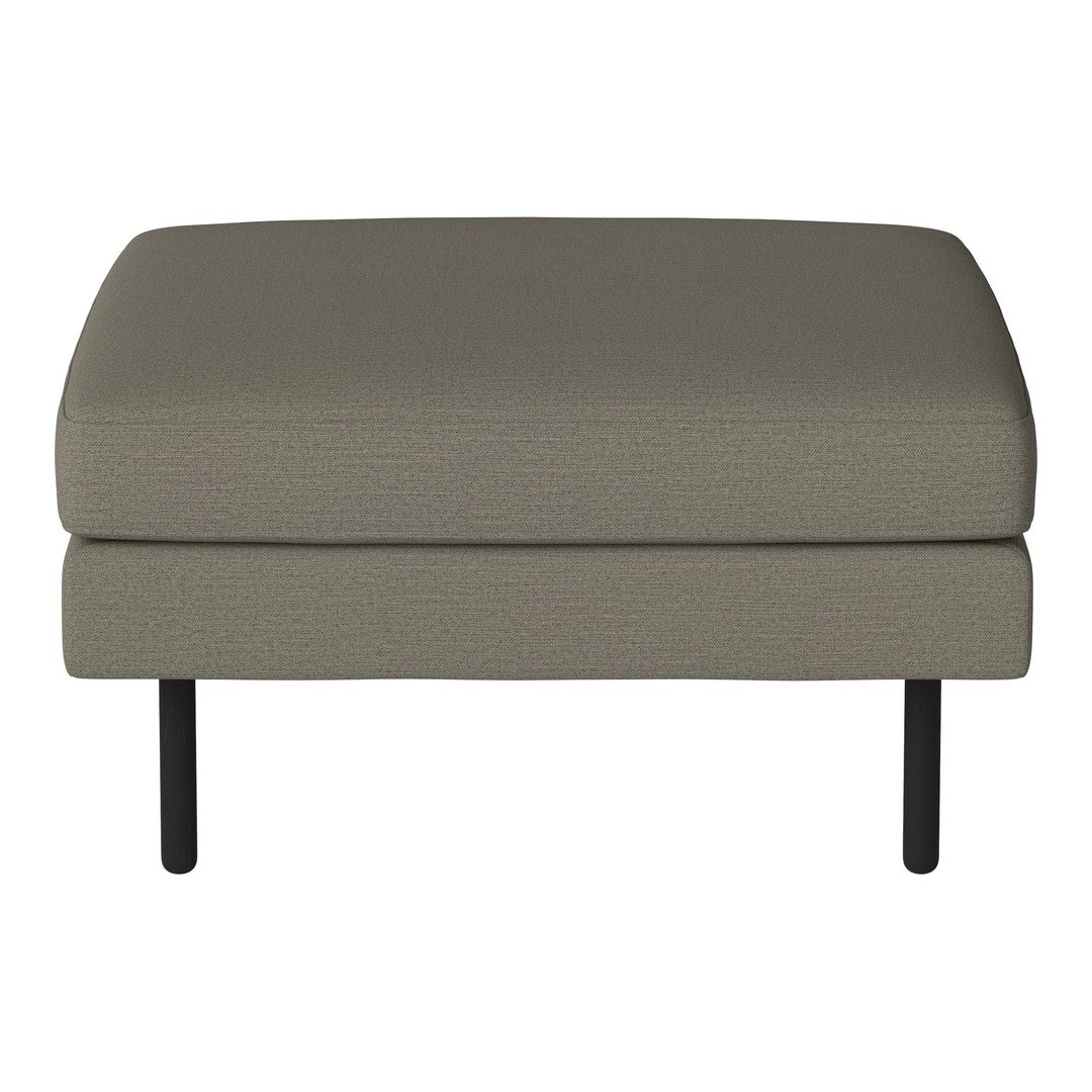Gray upholstered ottoman with a smooth texture and sleek black legs, perfect for modern decor.